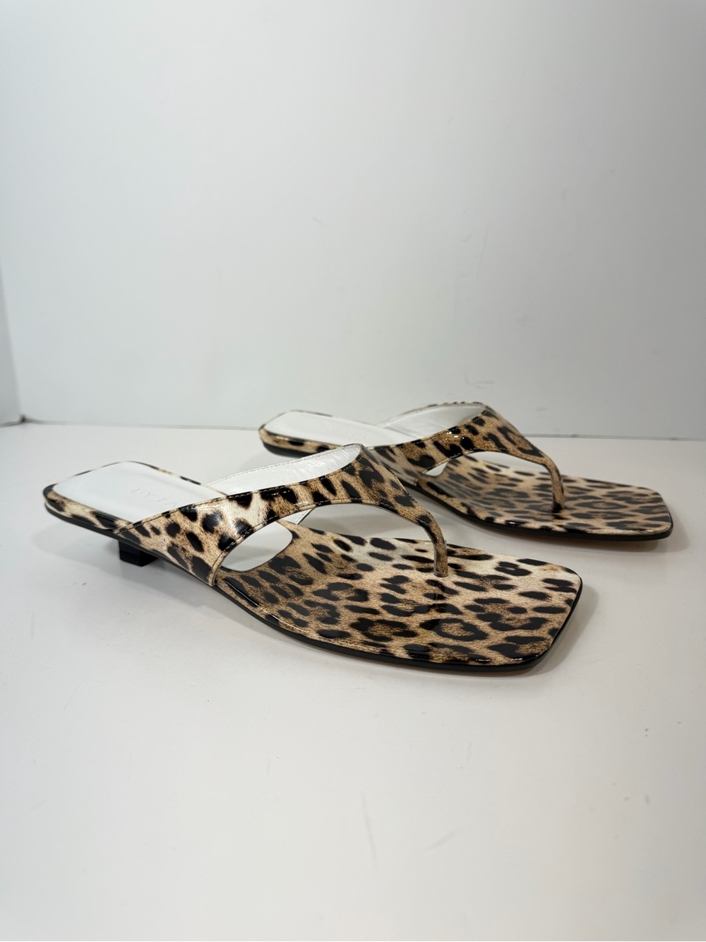 BY FAR Square Toe Patent Leather Leopard Print Thong Kitten Heel Mules EU 35 / U